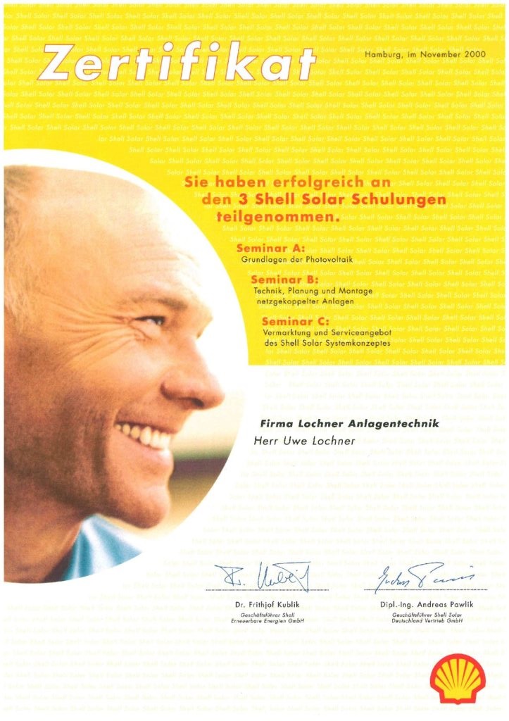 Zertifikat Photovoltaik Shell 2000
